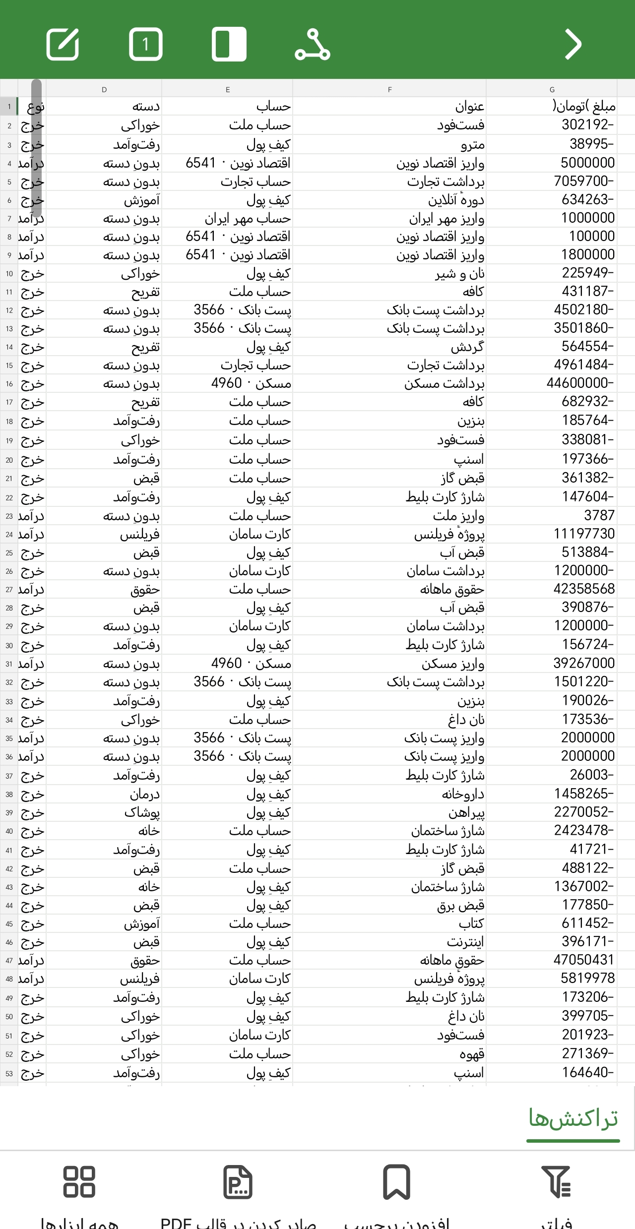 خروجی اکسل تراکنش ها